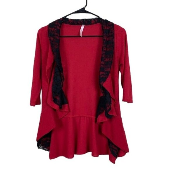 VTG Y2K J Mode Red Ruffle Cardigan Small 3/4 Sleeve Black Lace Trim Femininecore - Picture 1 of 5